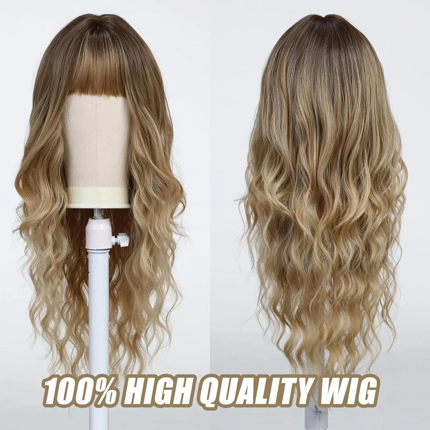the BANG BADDIE - Ombre Brown Synthetic Long Wavy Wig with Fluffy Bangs for Women, Natural Hair Brown Blonde Highlight Wigs for Daily Cosplay Use
