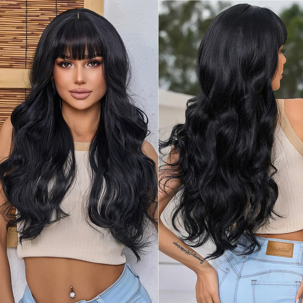 the RACHEL - Synthetic Light Brown Natural Medium Long Wavy Hair Wig with Bangs for Women, Heat Resistant Daily Cosplay Party Wigs
