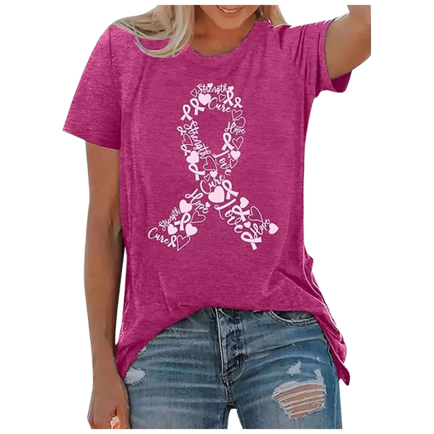 the LOVE RIBBON - Women Breast Cancer Print T-Shirt Short Sleeve Breast Cancer Awareness Tees Tops