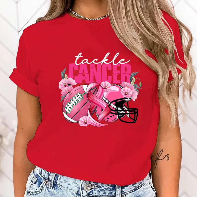 the TACKLE CANCER - Fashion Funny Breast Cancer Awareness Tackle Cancer Printed T-Shirts for Women