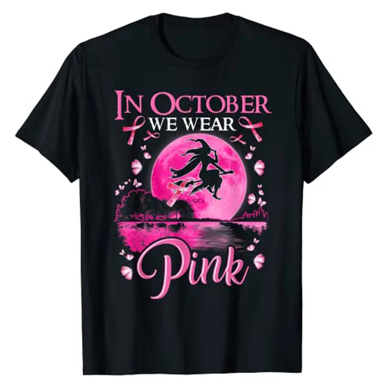 the PINK MOON - In October We Wear Pink Ribbon Witch Halloween Costume Breast Cancer T-Shirt for Women