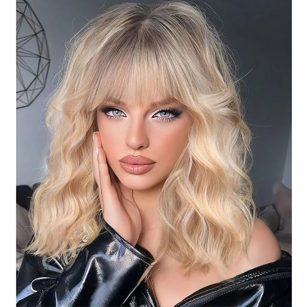 the WAVE BOB - Short Brown Highlight Wigs with Bangs, Natural Wavy Hair Wigs for Women, Heat Resistant Synthetic Bob Wig Shoulder Length