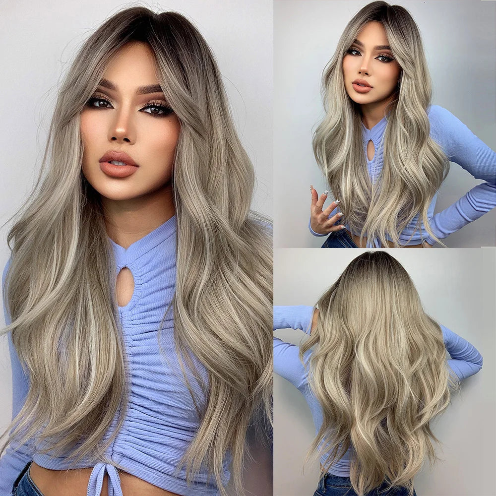 the MADELEINE - Ombre Honey Brown Synthetic Hair Wigs, Long Natural Body Wavy Wig with Bangs, Realistic Daily Party Soft Wig Heat Resistant Fiber