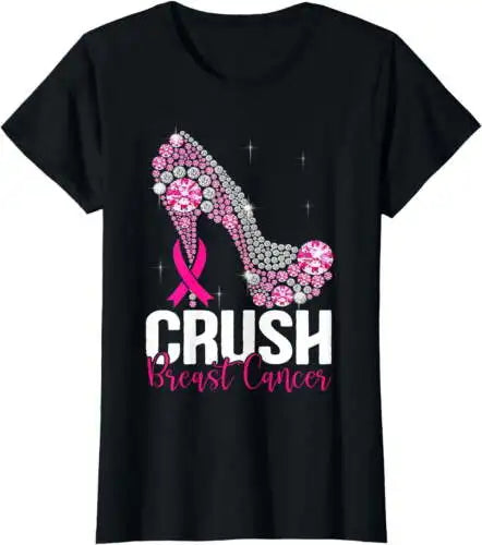 the GLAM HIGH HEEL CRUSH CANCER - Crush Breast Cancer Awareness Bling Pink Ribbon T-Shirt