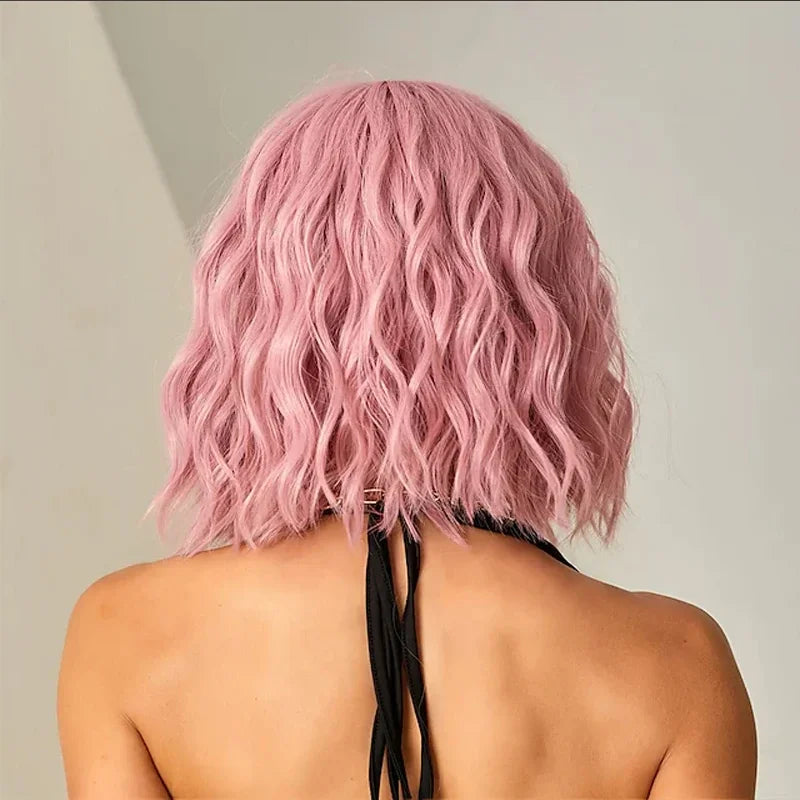 the POP STAR - Synthetic Hair Women Pink Bob Wigs, Short Curly Heat Resistant Party Wig