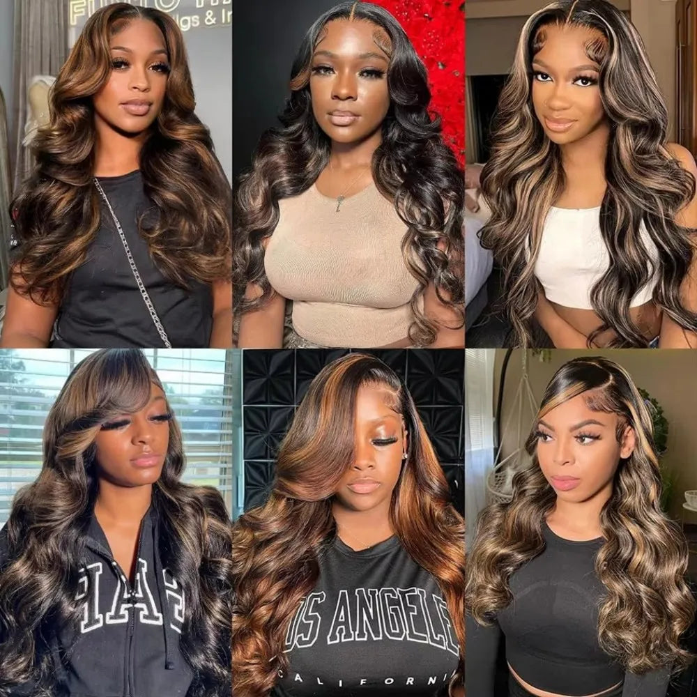 the NICKI - 32 Inch Highlight Lace Front Wig, Human Hair 1B/30 Body Wave Ombre Lace Front Wig, Human Hair 13x6 Lace Frontal Wigs 180 Density