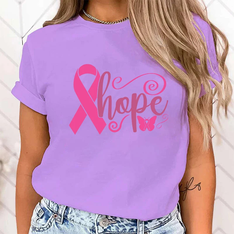 the HOPE RIBBON - Breast Cancer Awareness Hope Print Short Sleeve T-Shirts for Women