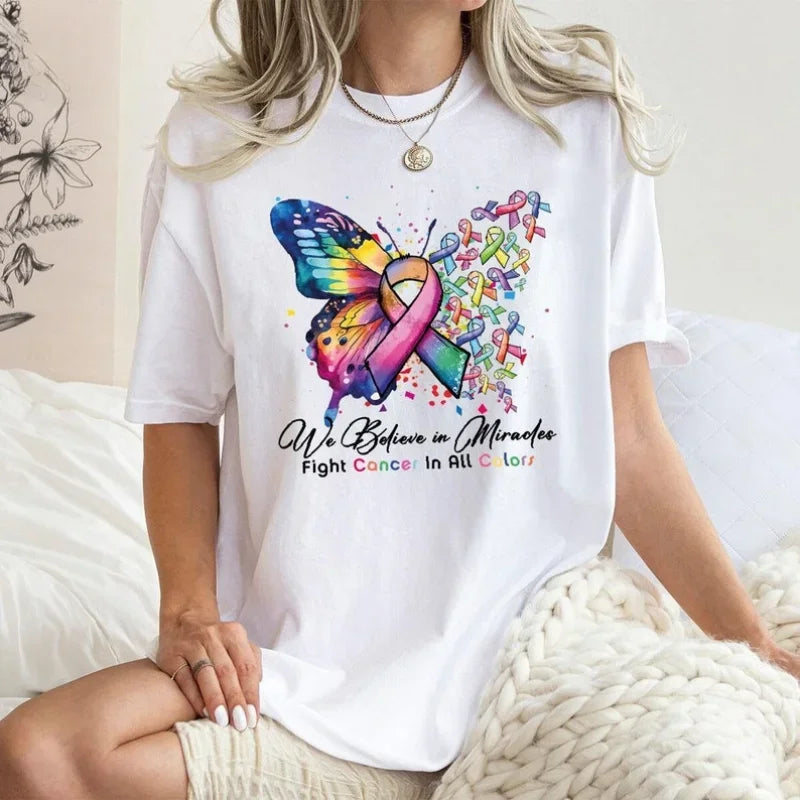 the MIRACLE BELIEVER - Cancer Warrior T-Shirt Butterfly Ribbon Graphic Tees