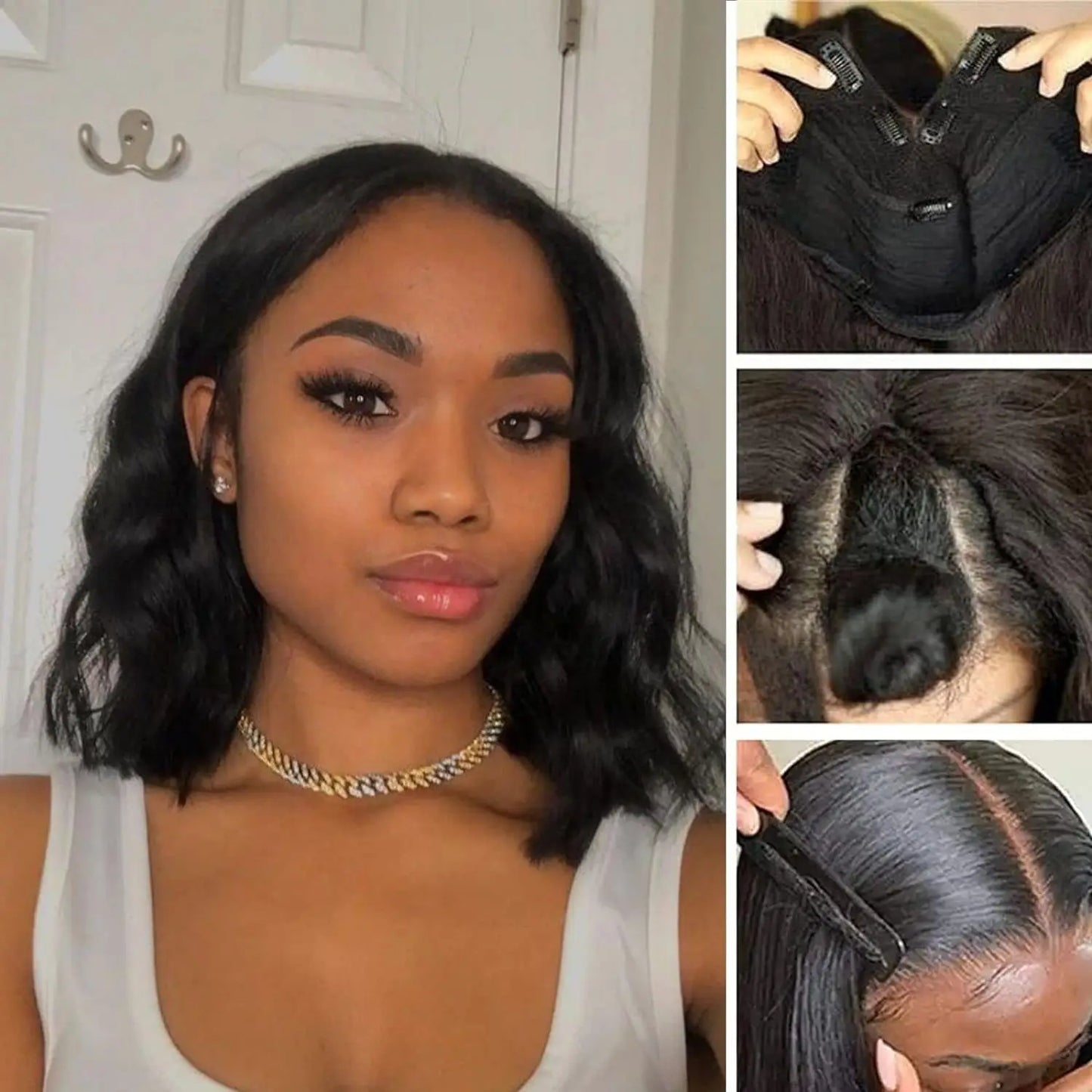 the BEACH WAVE - Black Bob Wavy V/U Part Wig for Women, Synthetic Hair Replacement Wigs, Double-Leaf Wig Full Head Clip in Hair Extensions Wig