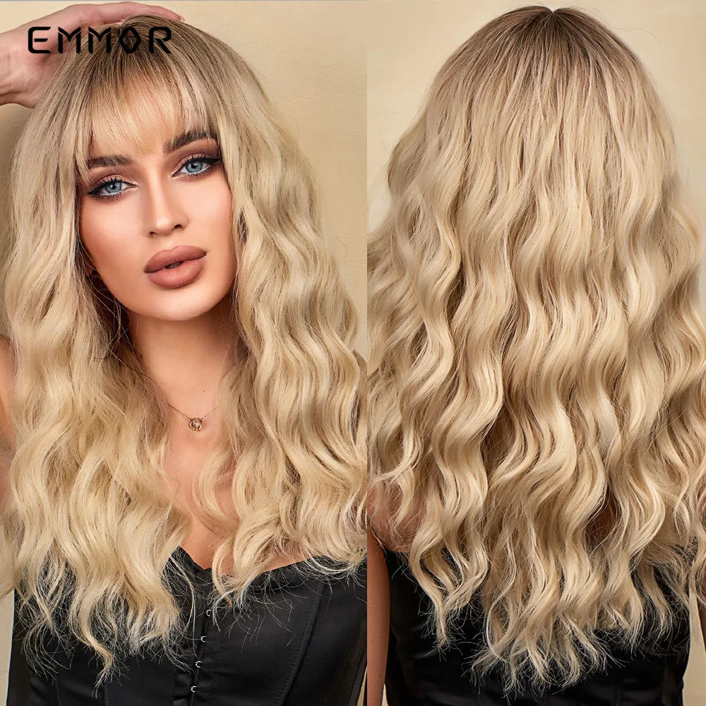 the RACHEL - Synthetic Light Brown Natural Medium Long Wavy Hair Wig with Bangs for Women, Heat Resistant Daily Cosplay Party Wigs