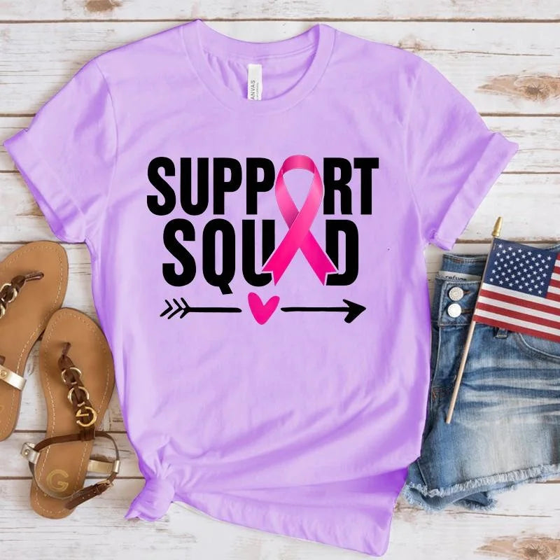 the SUPPORT SQUAD - Breast Cancer Awareness Support Squad Printed Short Sleeve Shirts for Women