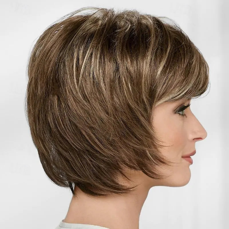 the LINDA - Synthetic Hair Short Straight Wigs for Women, Mixed Brown Wigs with Bangs, Short Hair Wigs
