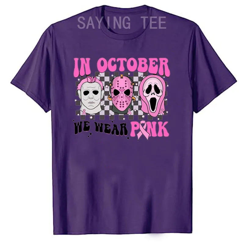 the SCARY MOVIE - Women Horror Movie Halloween Costume Gifts Pink Ribbon Breast Cancer Awareness T-Shirts Funny Novelty Graphic Short Sleeve Tops
