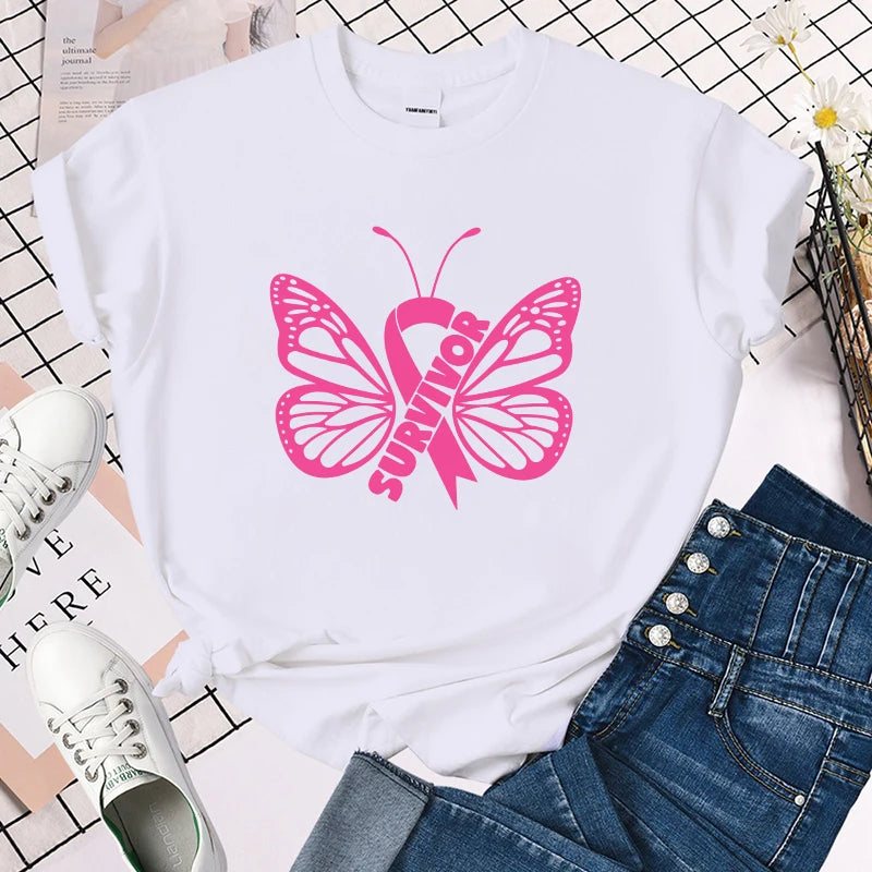 the SURVIVOR BUTTERFLY - Breast Cancer Awareness Survivor Butterfly Printed T-Shirt for Women