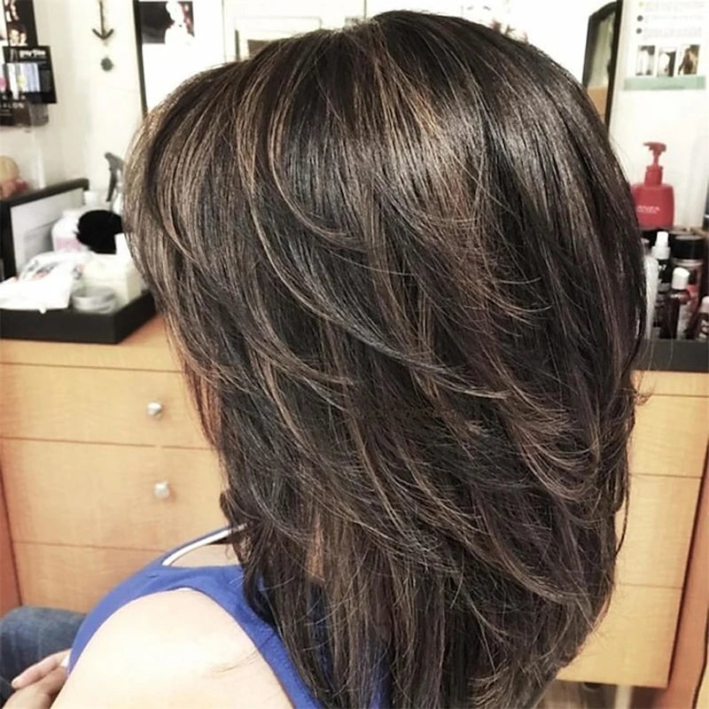 the LAYERED BOB - Dark Gray Ombre Layered Wigs with Bangs for Women, Synthetic Hair Short Gray Highlight Straight Layered Bob Wig