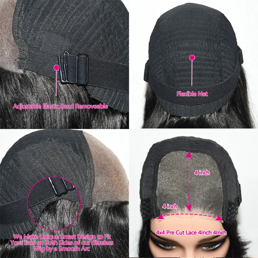 the CLEO - Glueless Bob Hair Wig, Human Hair Ready to Wear Straight Transparent 4x4 Lace Closure Wigs for Women, Glueless Wigs Human Hair