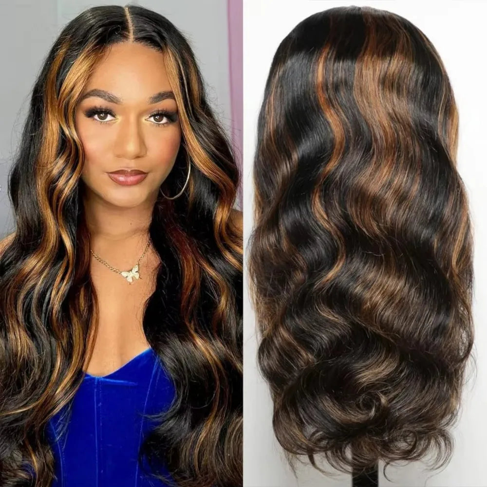 the NICKI - 32 Inch Highlight Lace Front Wig, Human Hair 1B/30 Body Wave Ombre Lace Front Wig, Human Hair 13x6 Lace Frontal Wigs 180 Density