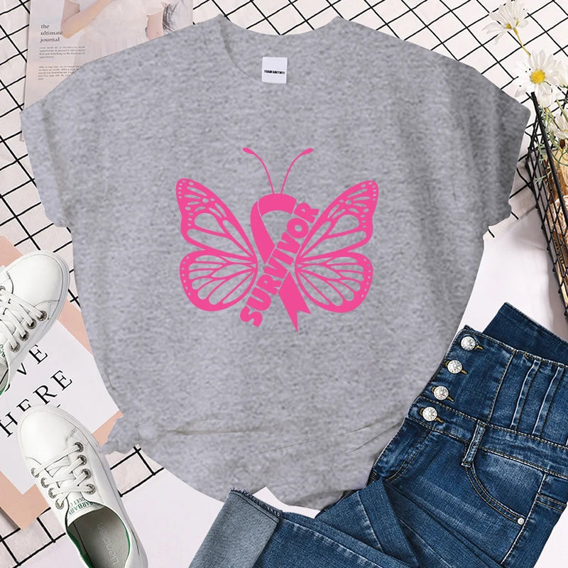 the SURVIVOR BUTTERFLY - Breast Cancer Awareness Survivor Butterfly Printed T-Shirt for Women