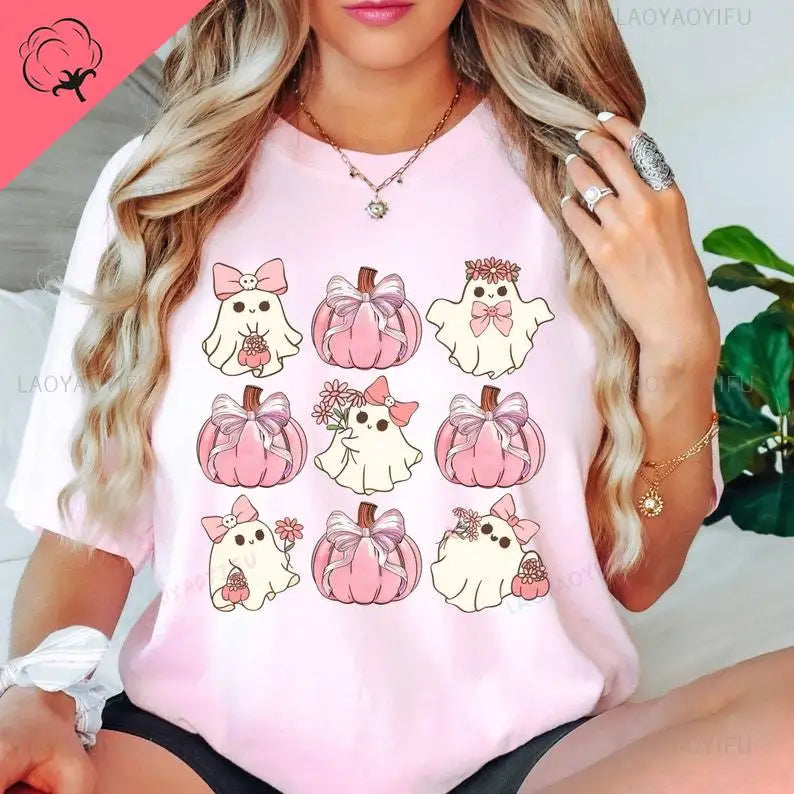 the OCTOBER COLLECTION - In October We Wear Pink Print T-Shirts Ghost Halloween Cute Pink Ghost Breast Cancer Awareness