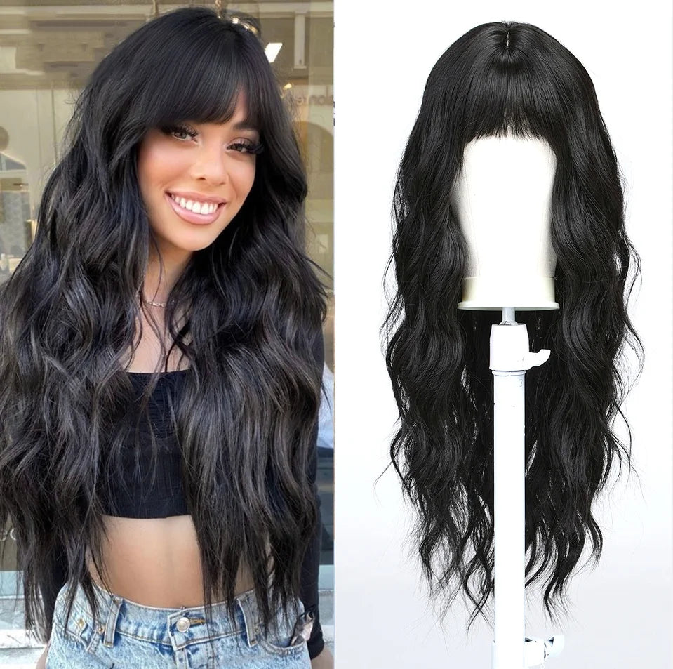 the BANG BADDIE - Ombre Brown Synthetic Long Wavy Wig with Fluffy Bangs for Women, Natural Hair Brown Blonde Highlight Wigs for Daily Cosplay Use