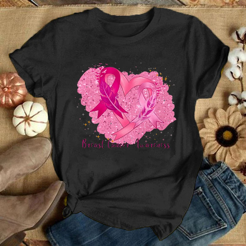 the GLITTER HEART - Breast Cancer Summer Graphic Casual Short Sleeve Round Neck T-Shirts