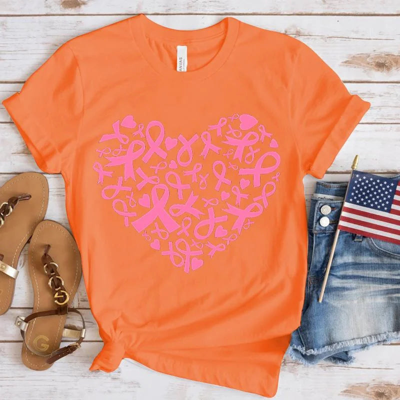 the RIBBON HEART - Breast Cancer Awareness Heart Print T-Shirt