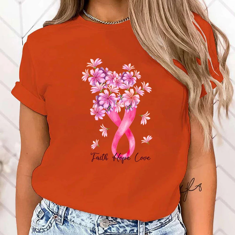 the FLORAL RIBBON - Breast Cancer Awareness Faith Hope Love Print T-Shirt Short Sleeve O Neck Loose Women Summer Cool T-Shirt