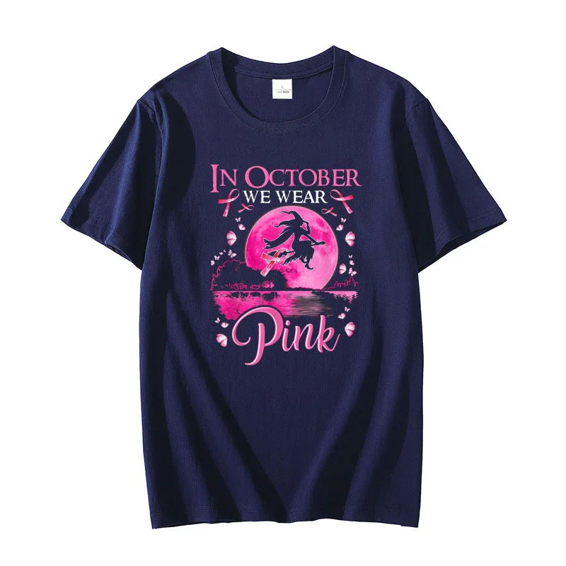 the PINK MOON - In October We Wear Pink Ribbon Witch Halloween Costume Breast Cancer T-Shirt for Women