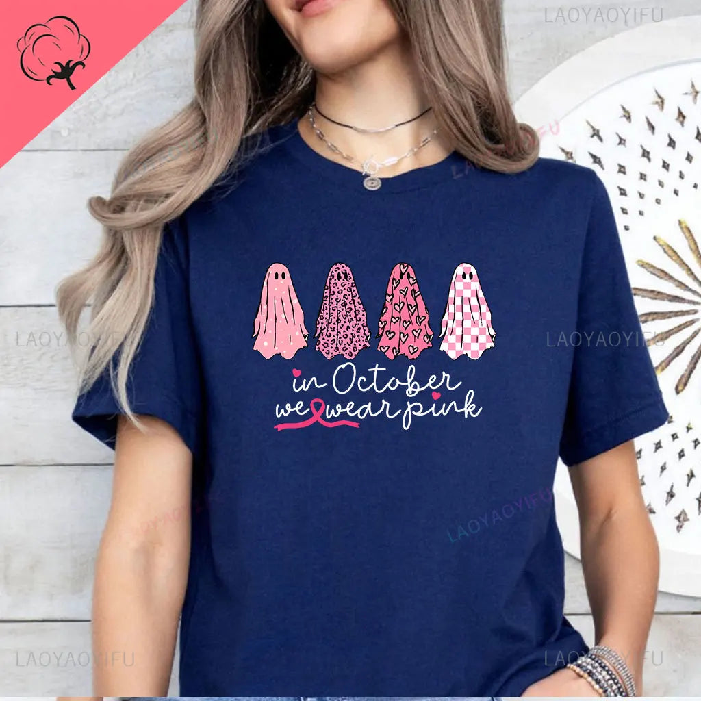 the OCTOBER COLLECTION - In October We Wear Pink Ghosts Cotton T-Shirt Breast Cancer Awareness Halloween T-Shirt Breast Cancer Support Tee