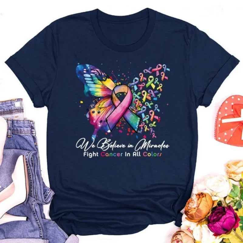 the MIRACLE BELIEVER - Cancer Warrior T-Shirt Butterfly Ribbon Graphic Tees