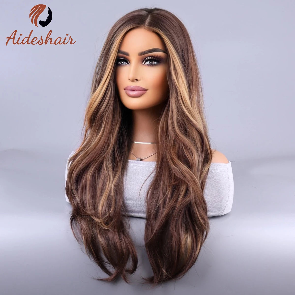 the BROOKE SHIELDS - Synthetic Wig European and American Mid-Section Curly Hair Wig, Female Hair Hanging Ear Highlights Fluffy Big Waves Mixed Brown
