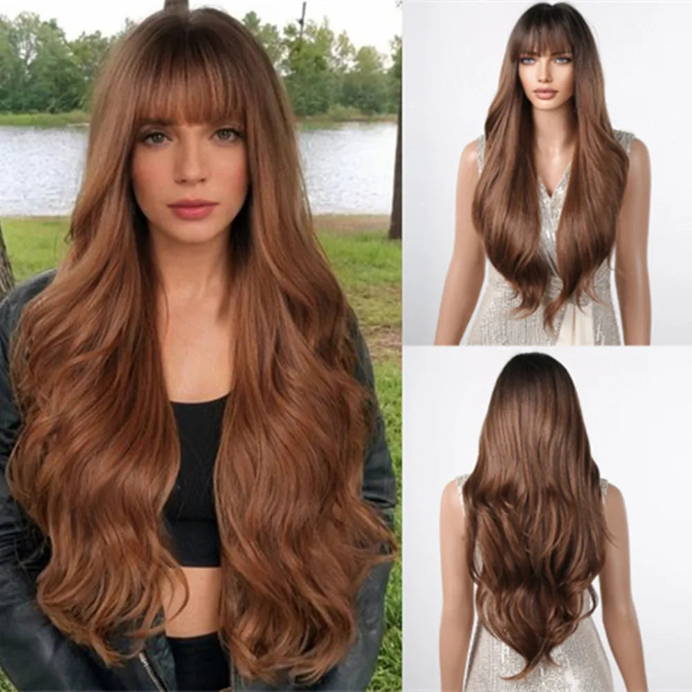 the MADELEINE - Ombre Honey Brown Synthetic Hair Wigs, Long Natural Body Wavy Wig with Bangs, Realistic Daily Party Soft Wig Heat Resistant Fiber