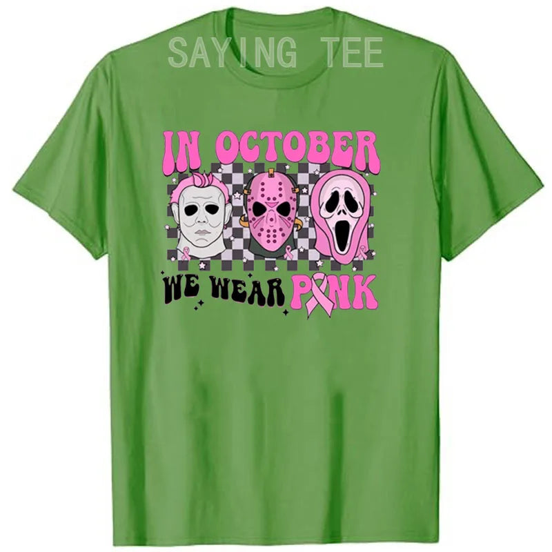 the SCARY MOVIE - Women Horror Movie Halloween Costume Gifts Pink Ribbon Breast Cancer Awareness T-Shirts Funny Novelty Graphic Short Sleeve Tops