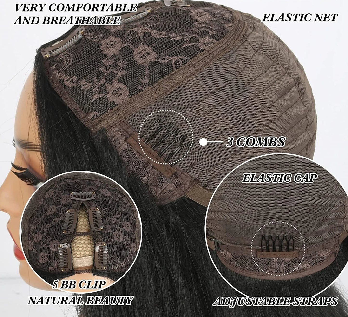 the BEACH WAVE - Black Bob Wavy V/U Part Wig for Women, Synthetic Hair Replacement Wigs, Double-Leaf Wig Full Head Clip in Hair Extensions Wig
