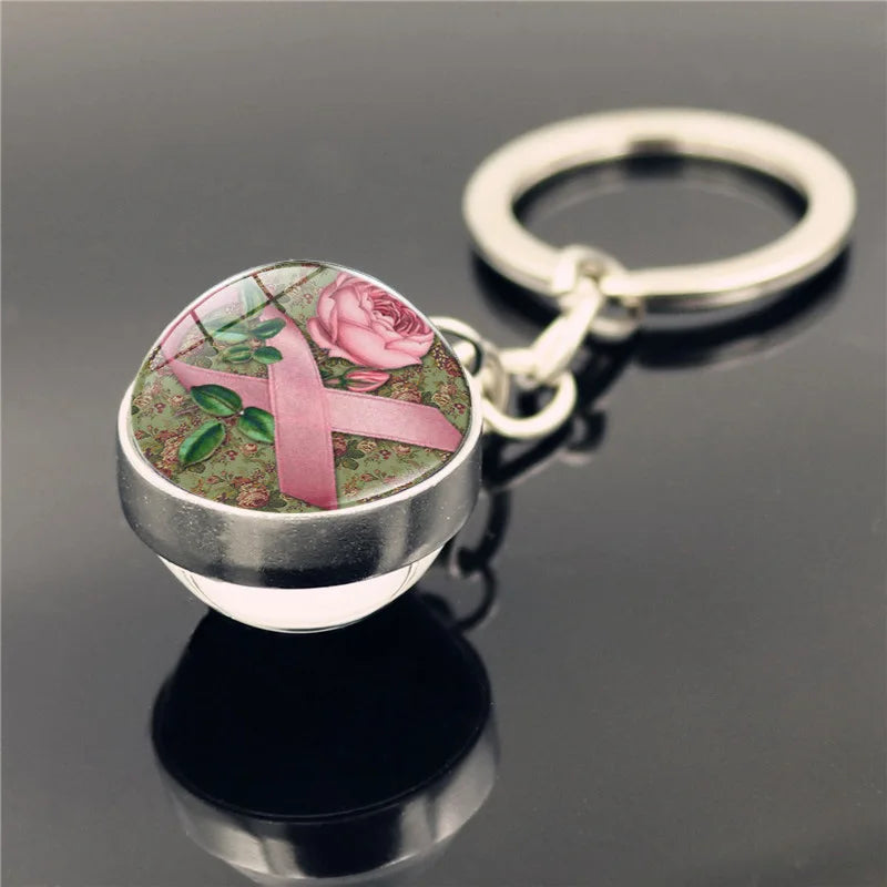the RIBBON SPHERE - Pink Ribbon Breast Cancer Pendant Keychain