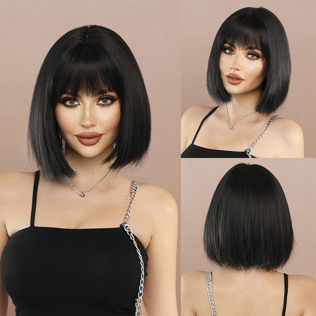 the NAOMI - Rose Pink Short Wig for Women, Daily Party Overhead Dyeing Black Natural Synthetic Lavender Heat Resistant Straight Wigs