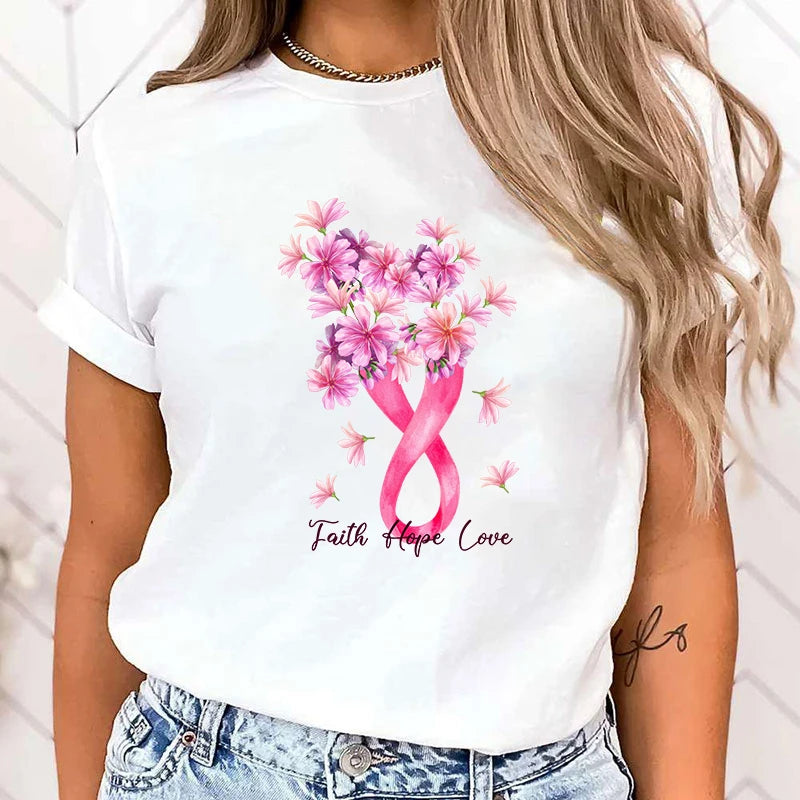 the FLORAL RIBBON - Breast Cancer Awareness Faith Hope Love Print T-Shirt Short Sleeve O Neck Loose Women Summer Cool T-Shirt