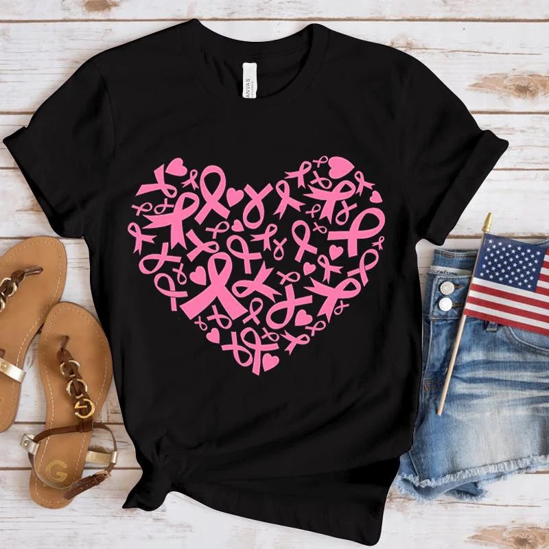 the RIBBON HEART - Breast Cancer Awareness Heart Print T-Shirt