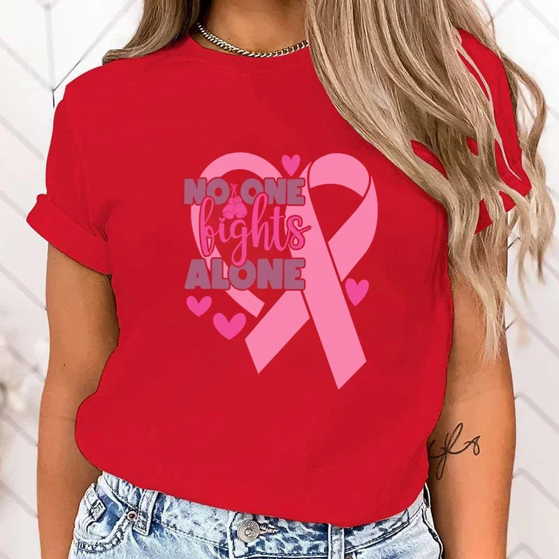 the NOT ALONE - High Quality Breast Cancer Awareness No One Fights Alone Print T-Shirt for Women