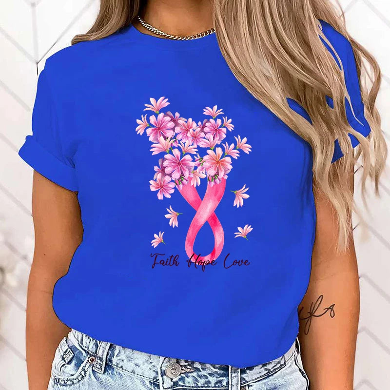 the FLORAL RIBBON - Breast Cancer Awareness Faith Hope Love Print T-Shirt Short Sleeve O Neck Loose Women Summer Cool T-Shirt
