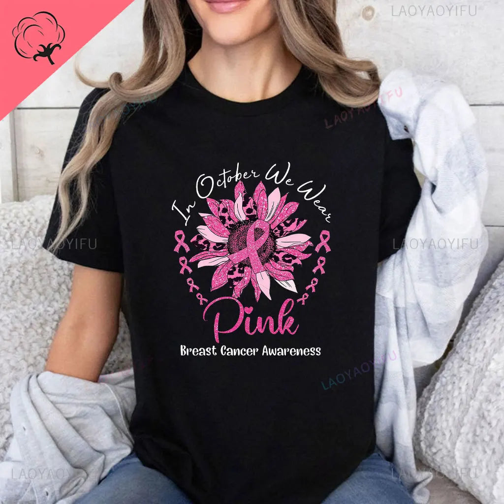 the OCTOBER COLLECTION - In October We Wear Pink Ghosts Cotton T-Shirt Breast Cancer Awareness Halloween T-Shirt Breast Cancer Support Tee