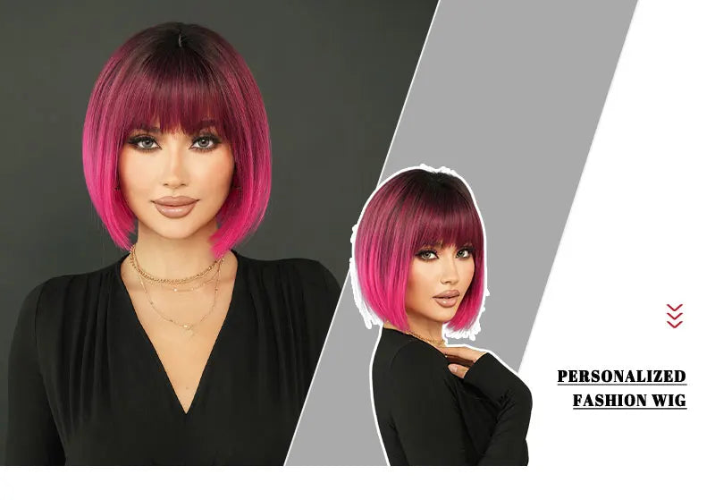 the NAOMI - Rose Pink Short Wig for Women, Daily Party Overhead Dyeing Black Natural Synthetic Lavender Heat Resistant Straight Wigs