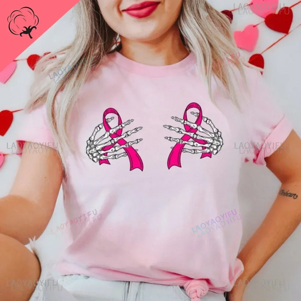 the SPOOKY HANDS - Skeleton Hands Pink Ribbon T-Shirt Breast Cancer Awareness