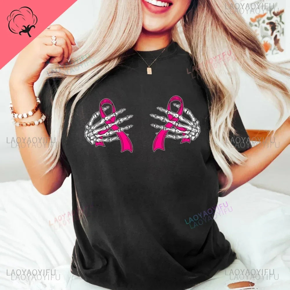 the SPOOKY HANDS - Skeleton Hands Pink Ribbon T-Shirt Breast Cancer Awareness