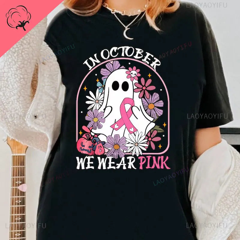 the OCTOBER COLLECTION - In October We Wear Pink Print T-Shirts Ghost Halloween Cute Pink Ghost Breast Cancer Awareness