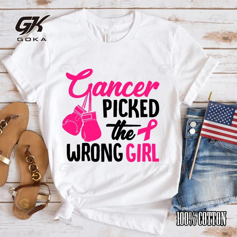 the WRONG GIRL - Breast Cancer Awareness Cancer Picked the Wrong Girl Printed T-Shirt