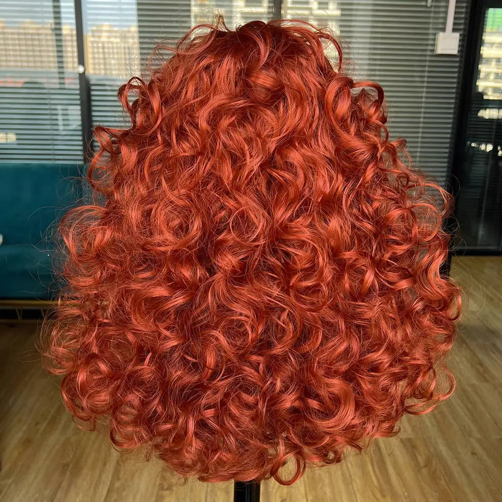 the CURLY SUE - Red Ginger Wig for Women, Long Curly Wave Wigs with Bangs, Copper Synthetic Wig, Natural Cosplay Party Heat Resistant Hair