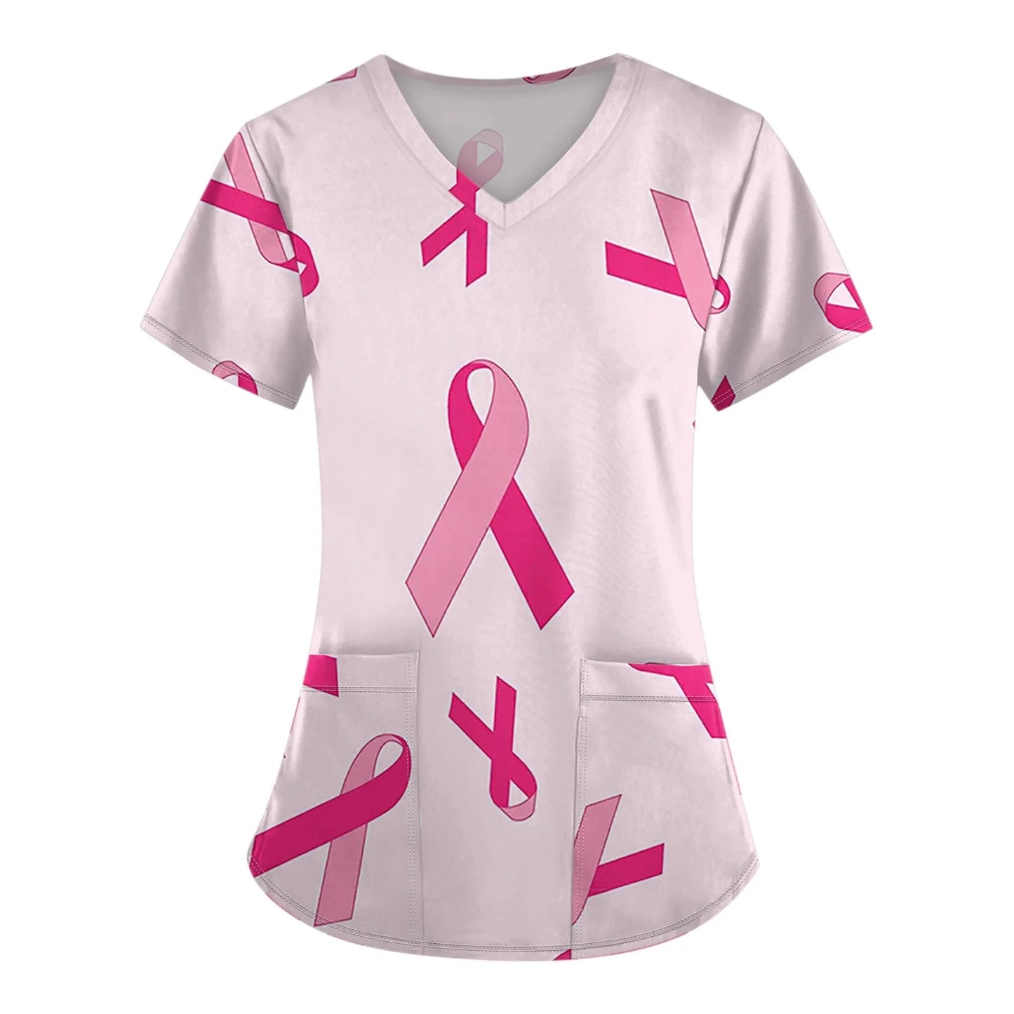 Scrub Medical Woman Breast Cancer Scrub Tops for Women V Neck Short Sleeve Cute Ribbon Prints Mock Blouse Black Medical Uniforms