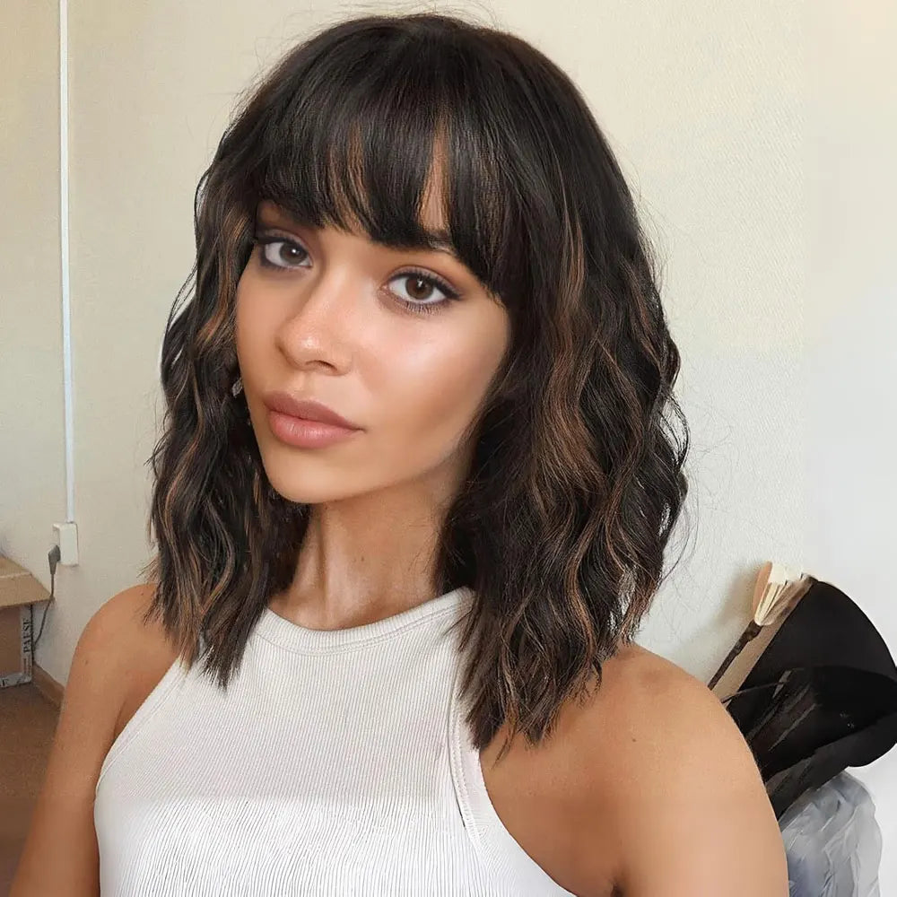 the WAVE BOB - Short Brown Highlight Wigs with Bangs, Natural Wavy Hair Wigs for Women, Heat Resistant Synthetic Bob Wig Shoulder Length
