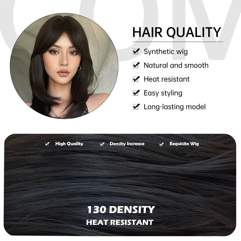 the MULAN - Shoulder Black Brown Layered Synthetic Natural Hair Wigs for Women, Straight Daily Women's Heat-Resistant Wig with Curtain Bangs
